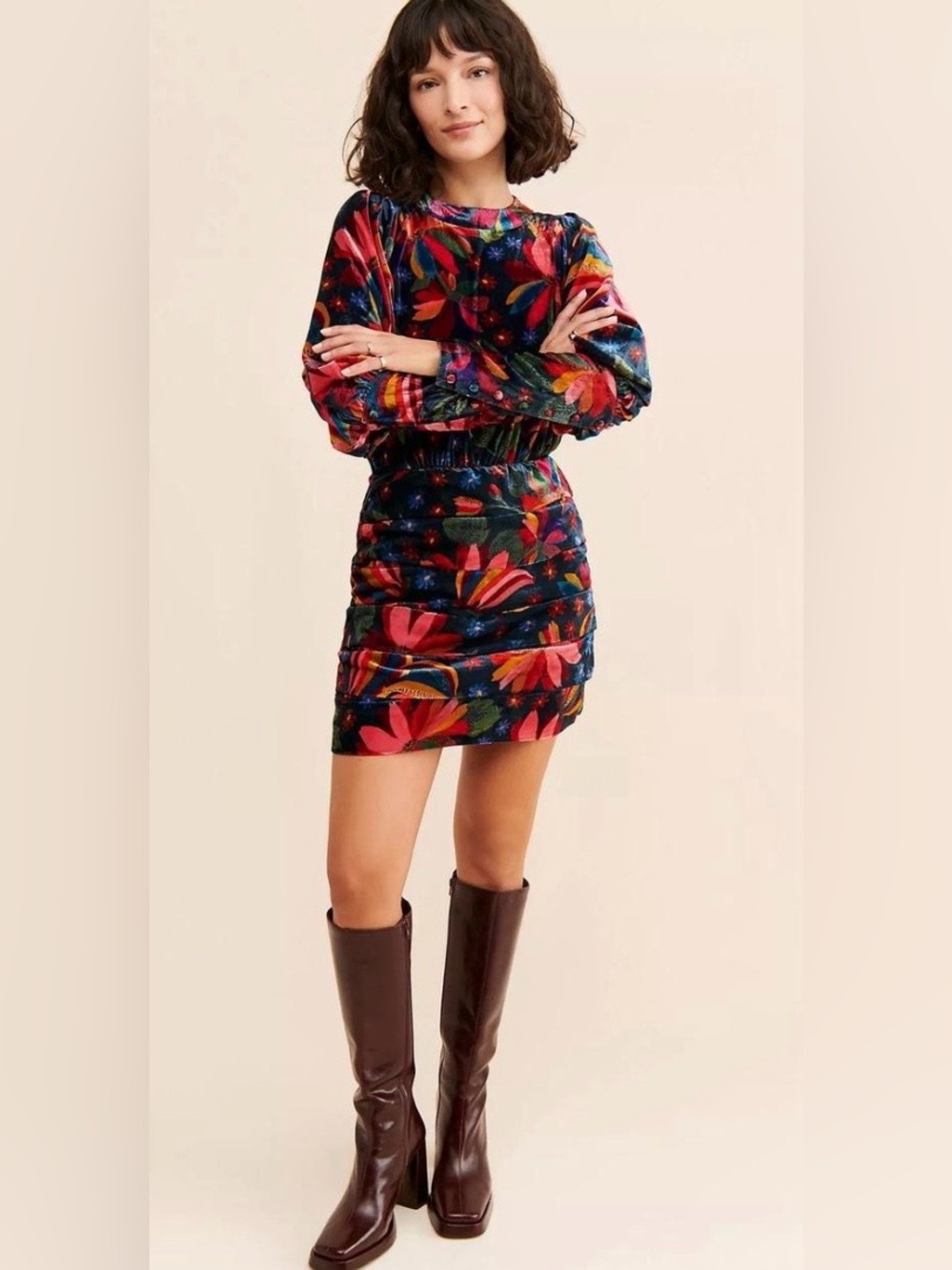 Farm Rio, Sz XS,Multicolor Velvet Floral Puff-Sleeve Mini Dress